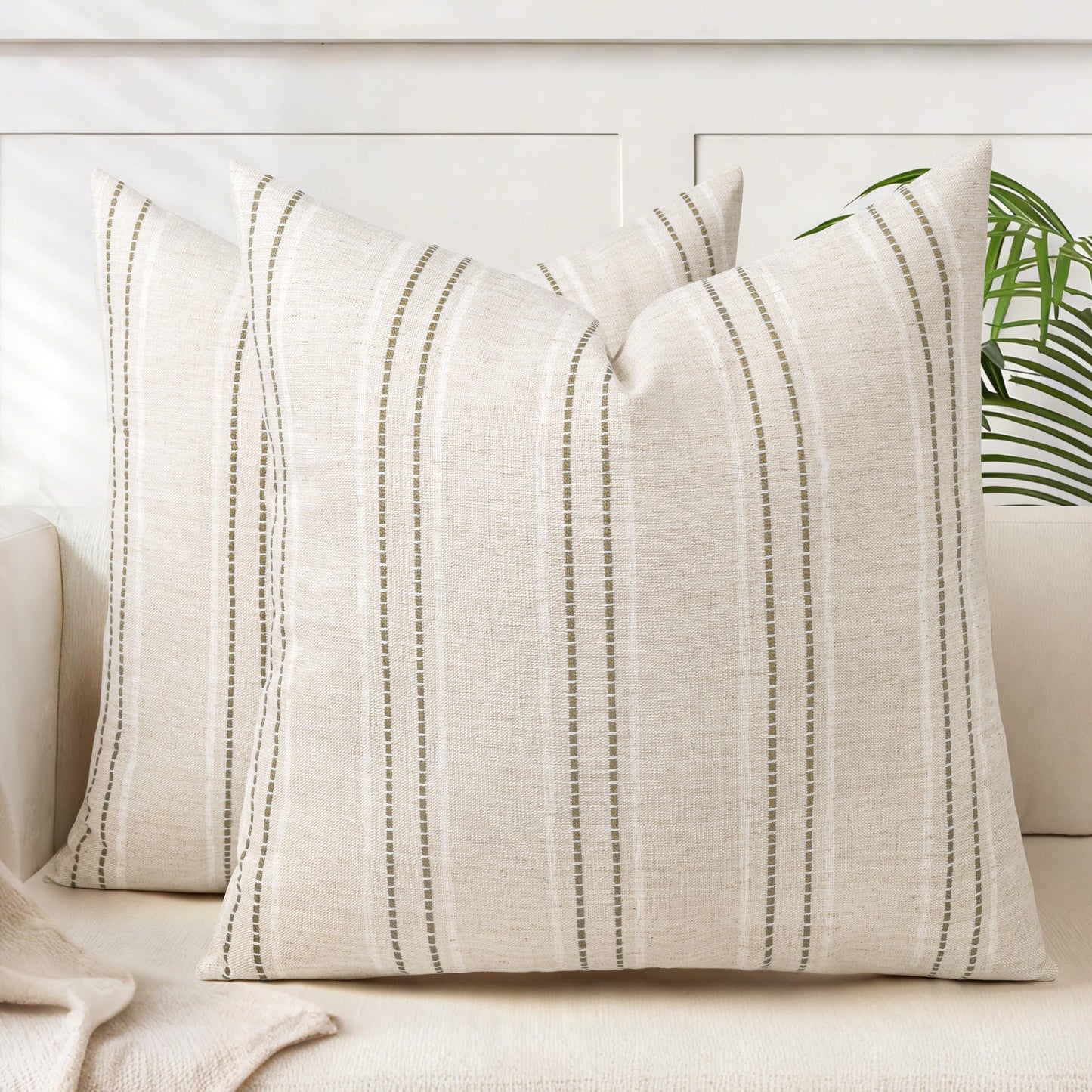 AELS 24x24 Decorative Farmhouse Linen Blend Throw Pillow Covers, Boho Textured Pillow Case, Set of 2, Beige with White & Brown Stitch Yarn Dyed Stripe Cushion Cover for Sofa Living Room (Cover ONLY)