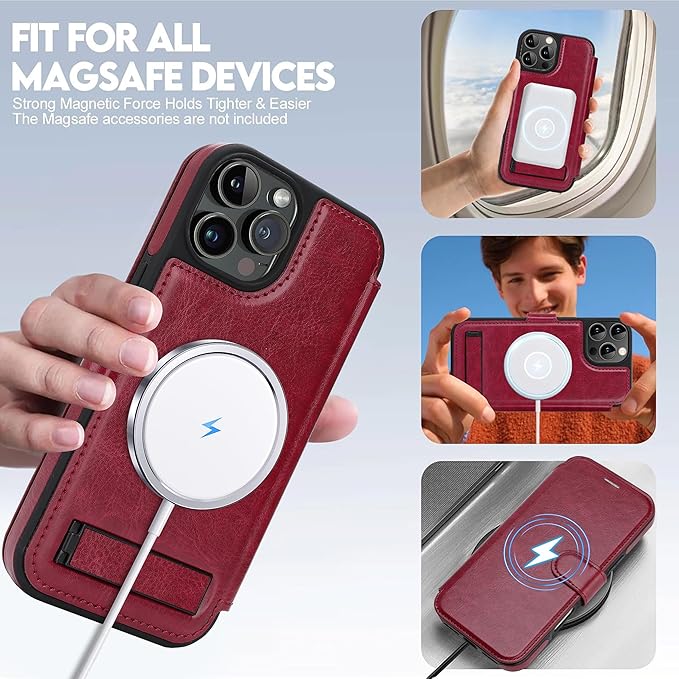 CIVICASE for iPhone 15 Pro Max Wallet Case with Stand,PU Leather Flip Credit Card Holder Slots (RFID Blocking),Compatible with Magsafe Magnetic Holder Phone Cover Women Men,Wine Red