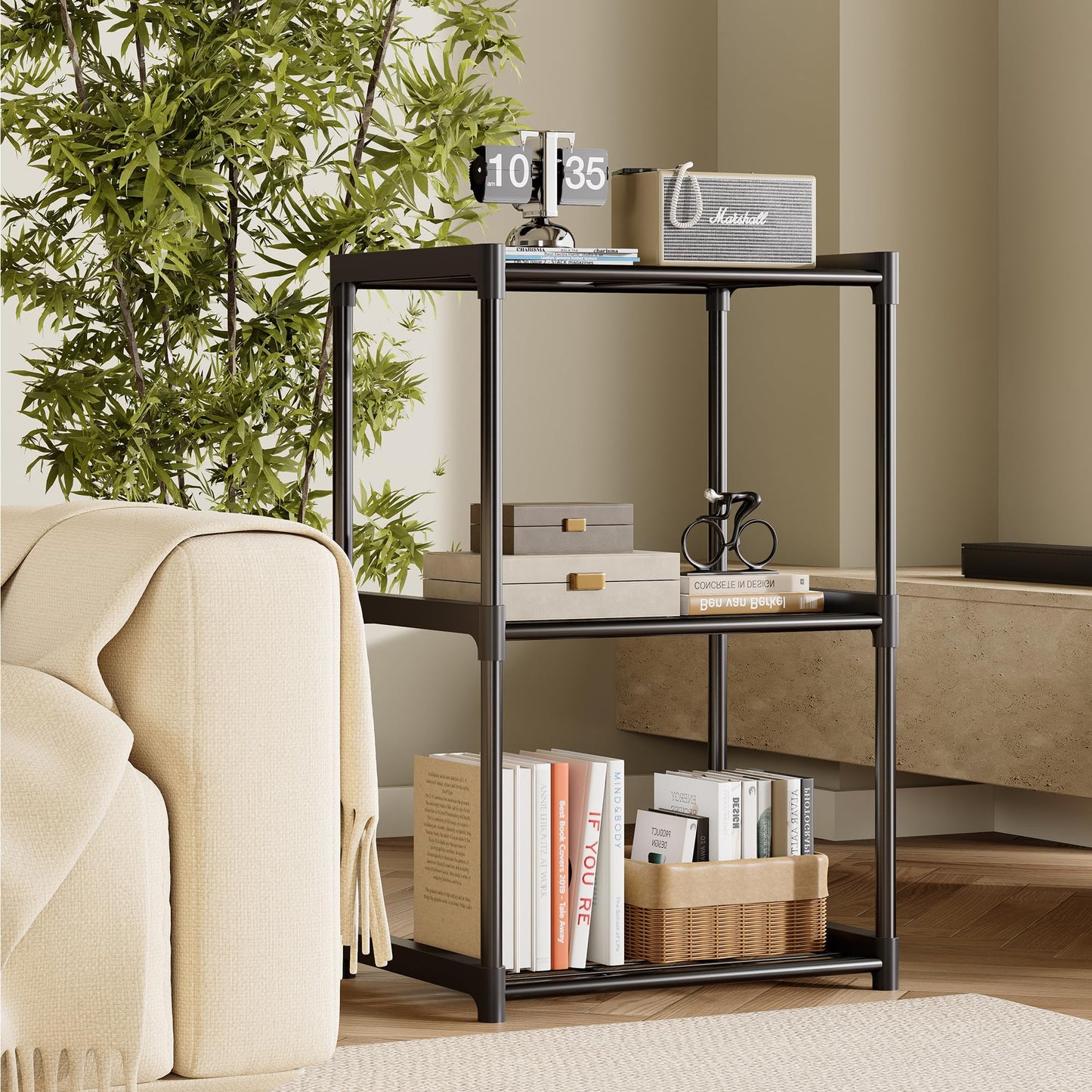 Tujurich 3-Tier Storage Shelves with Plastic Connectors – Metal Shelf Organizer for Pantry, Closet & Bathroom, Space-Saving Sturdy Shelving Unit Rack, Black, 17.3" x 12.8" x 28.9"