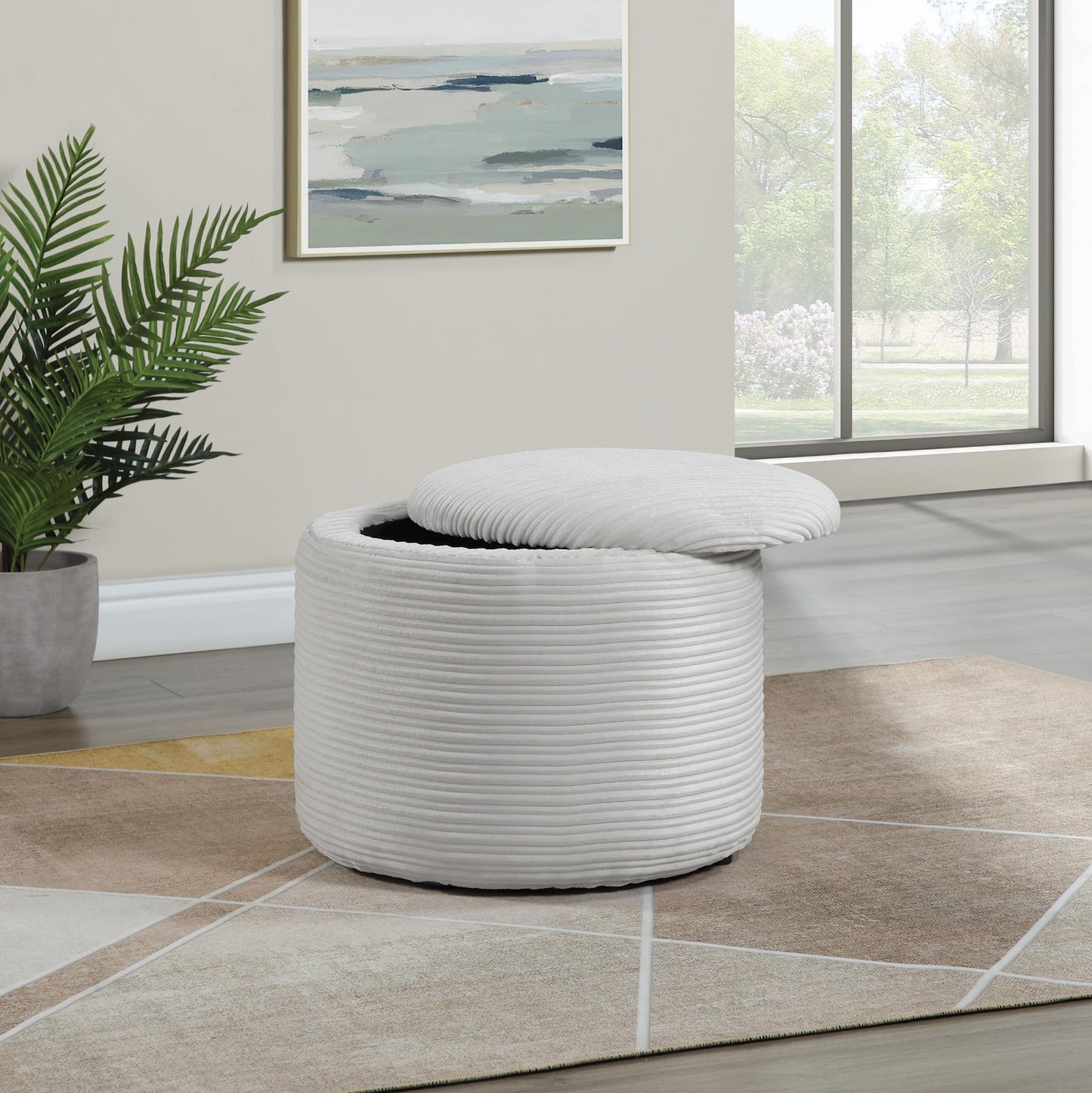OSP Home Furnishings Brayfield Round Upholstered Storage Ottoman, Taupe Cord Fabric