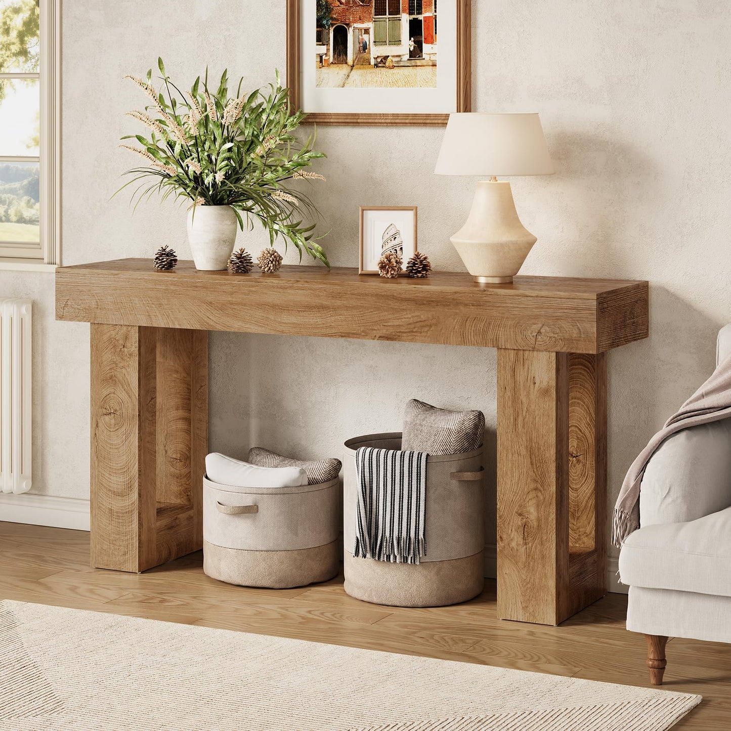 LITTLE TREE 63 Inches Long Console Table for Entryway, Sofa Table Behind Couch, Wooden Entry Table Foyer Hallway Table, Industrial Console Sofa Table for Living Room, Oak Color
