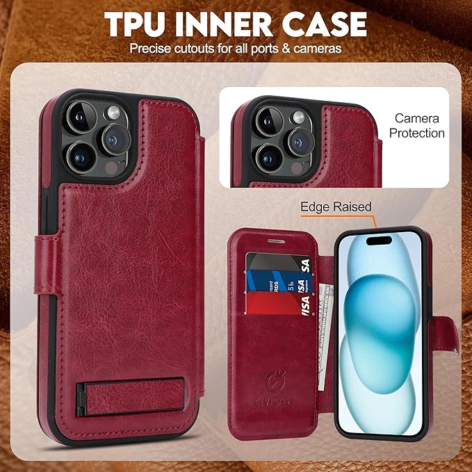 CIVICASE for iPhone 15 Pro Max Wallet Case with Stand,PU Leather Flip Credit Card Holder Slots (RFID Blocking),Compatible with Magsafe Magnetic Holder Phone Cover Women Men,Wine Red