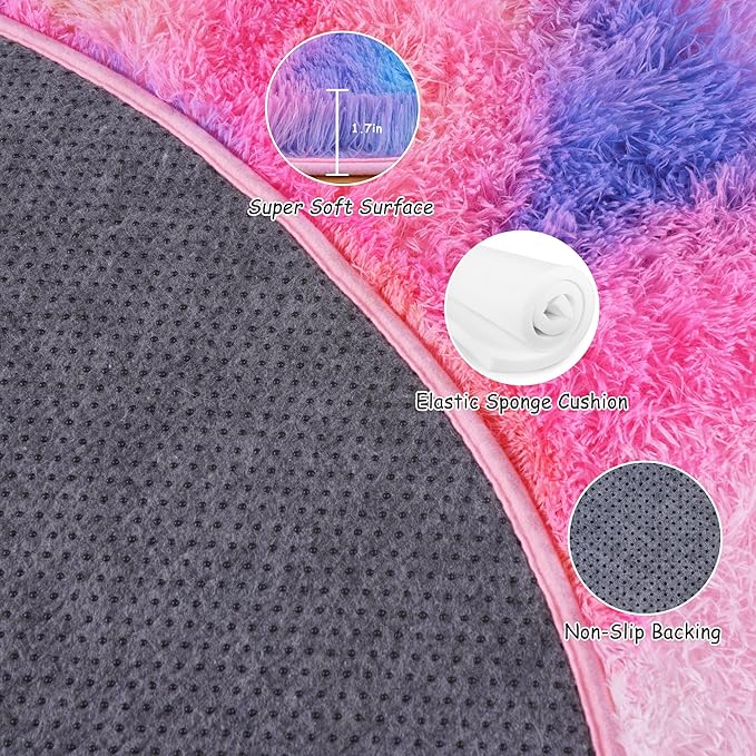 Round Fluffy Rugs 4Ft for Girls Bedroom, Dark Rainbow Shag Circle Kids Rug Non-Slip for Bedside Dorm Nursery Playroom, Soft Cute Area Rugs for Living Room Decor
