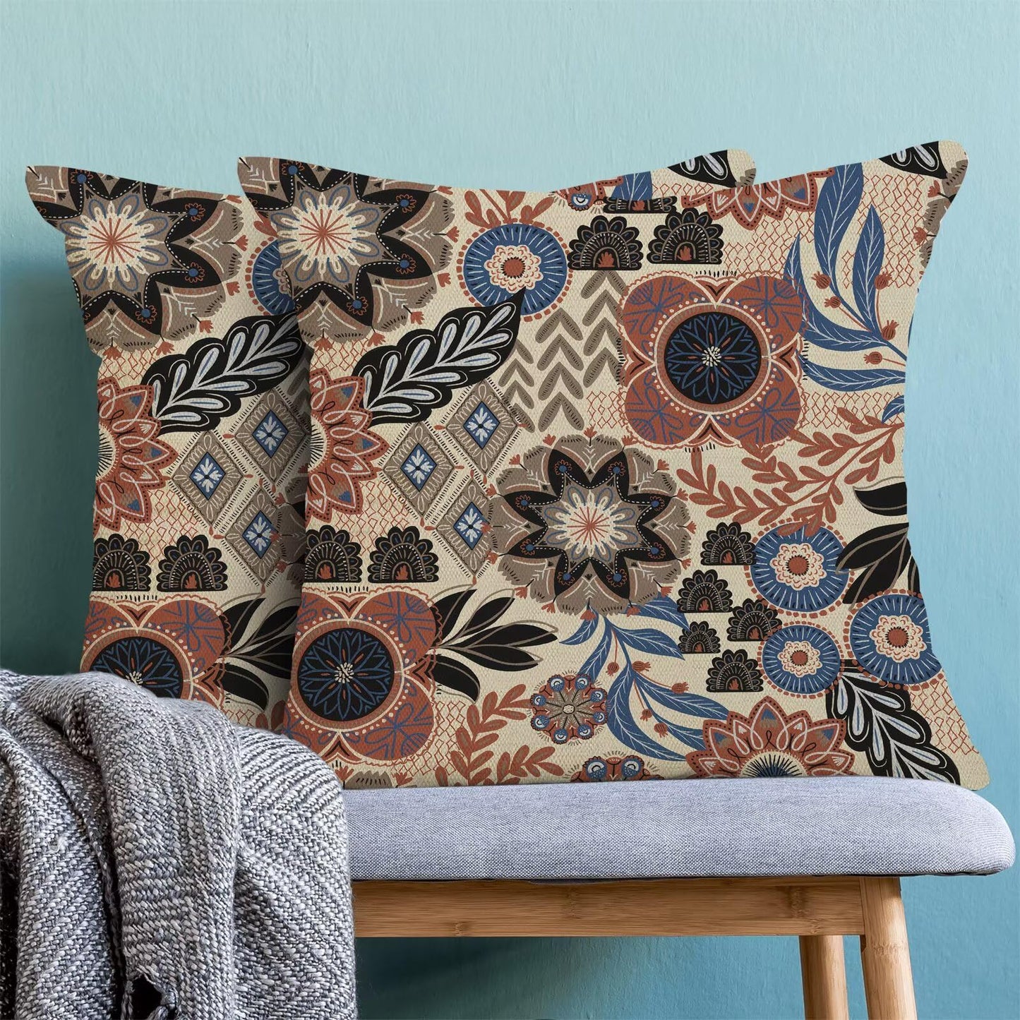 ZHOUYETAK Boho Brown Blue Pillow Covers 18x18 Set of 2, Abstract Mid Century Neutral Outdoor Decorative Botanical Tropical Leaves Throw Pillows Retro Flower Couch Cushion Case for Chair Sofa Bedroom
