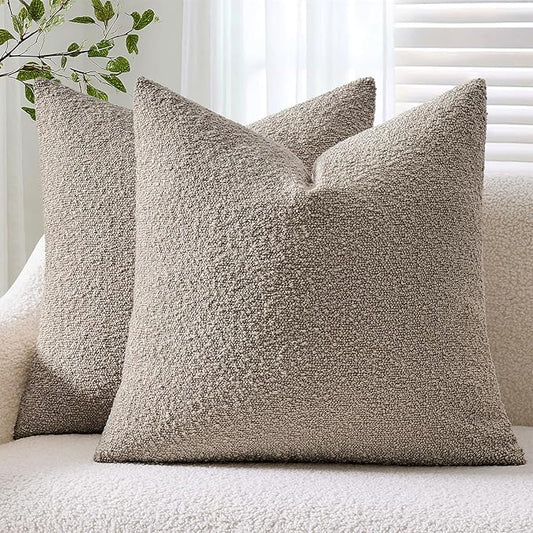 ANRODUO Pack of 2 Textured Boucle Throw Pillow Covers Soft Light Taupe Decorative Accent Solid Pillow Cases Cozy Modern Couch Cushion Case for Chair Sofa Bedroom Living Room Home Decor, 18 x 18 Inch