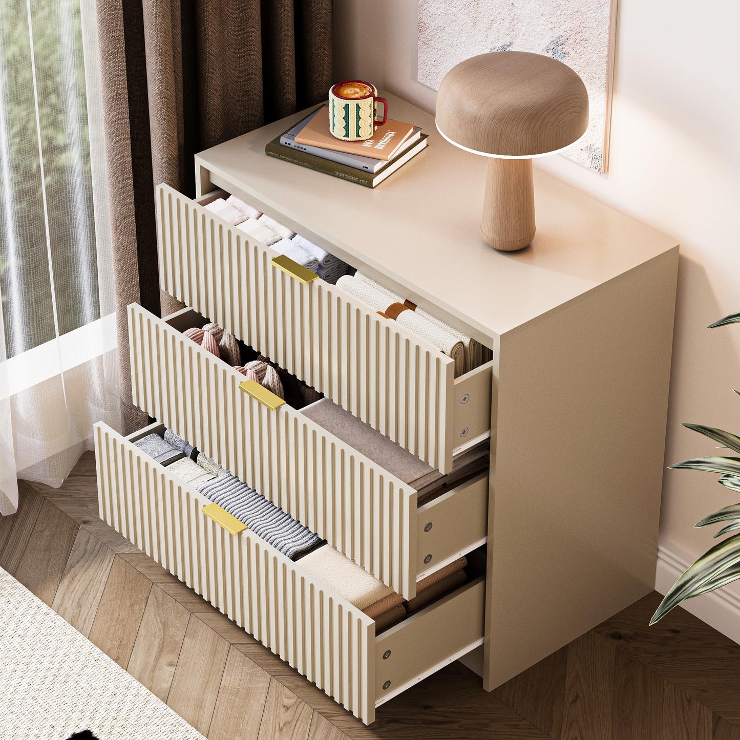 MAISONARIA 3-Piece Dresser Bedroom Set, 9 Drawer Dresser & 3 Drawer Nightstands with Gold Handles, Fluted Wood Chest of Drawers for Bedroom, Living Room, Entryway, Beige