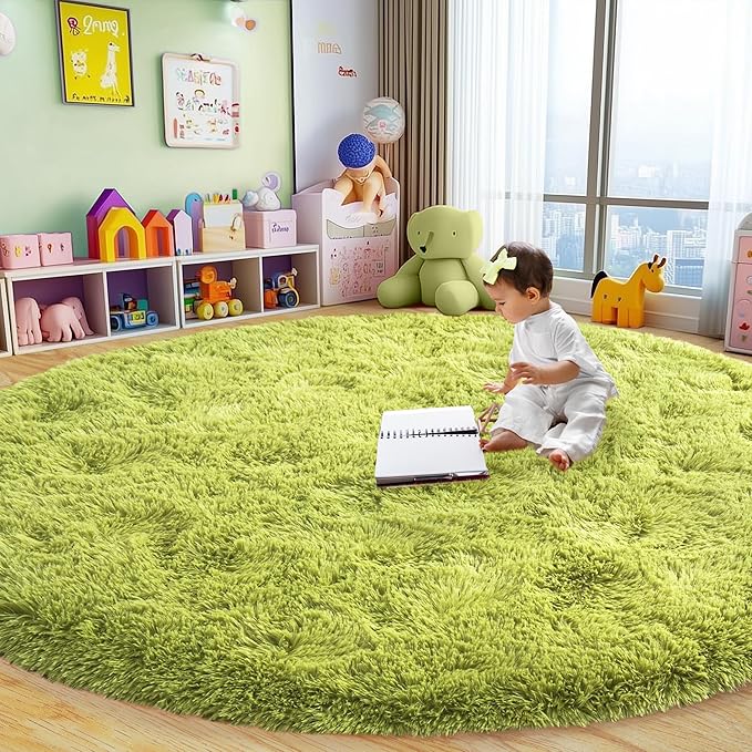 Round Fluffy for Bedroom Rugs, 6Ft Green Shag Circle Rug Non-Slip for Kids Girls Boys Bedroom Dorm Nursery Playroom, Soft Cute Area Rugs for Living Room Decor