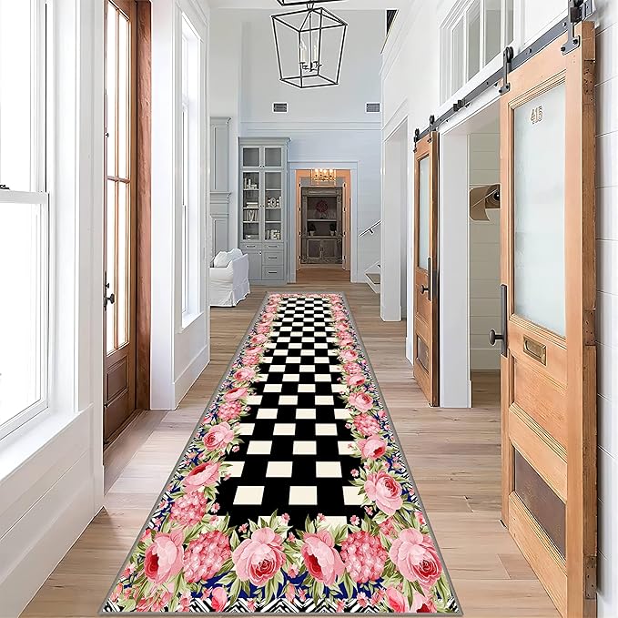 Checkered Floral Design Runner Rug for Entryway, 2.6x10ft, Pink Rose Luxury Fall Decor Area Carpets for Bedroom, Absorbent Machine Washable Shed Resistant Non-Slip Throw Rugs for Entry