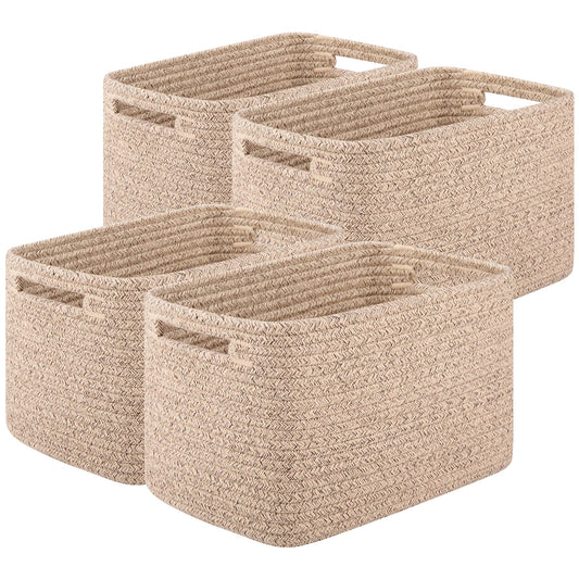 OIASKET Storage Baskets for Organizing, Woven Decorative Baskets for Shelves - Books, Towels, and Clothes, Cotton Rope Toy Storage Bins, 12.7''Lx9''Wx7.8''H, Pack of 4, Brown