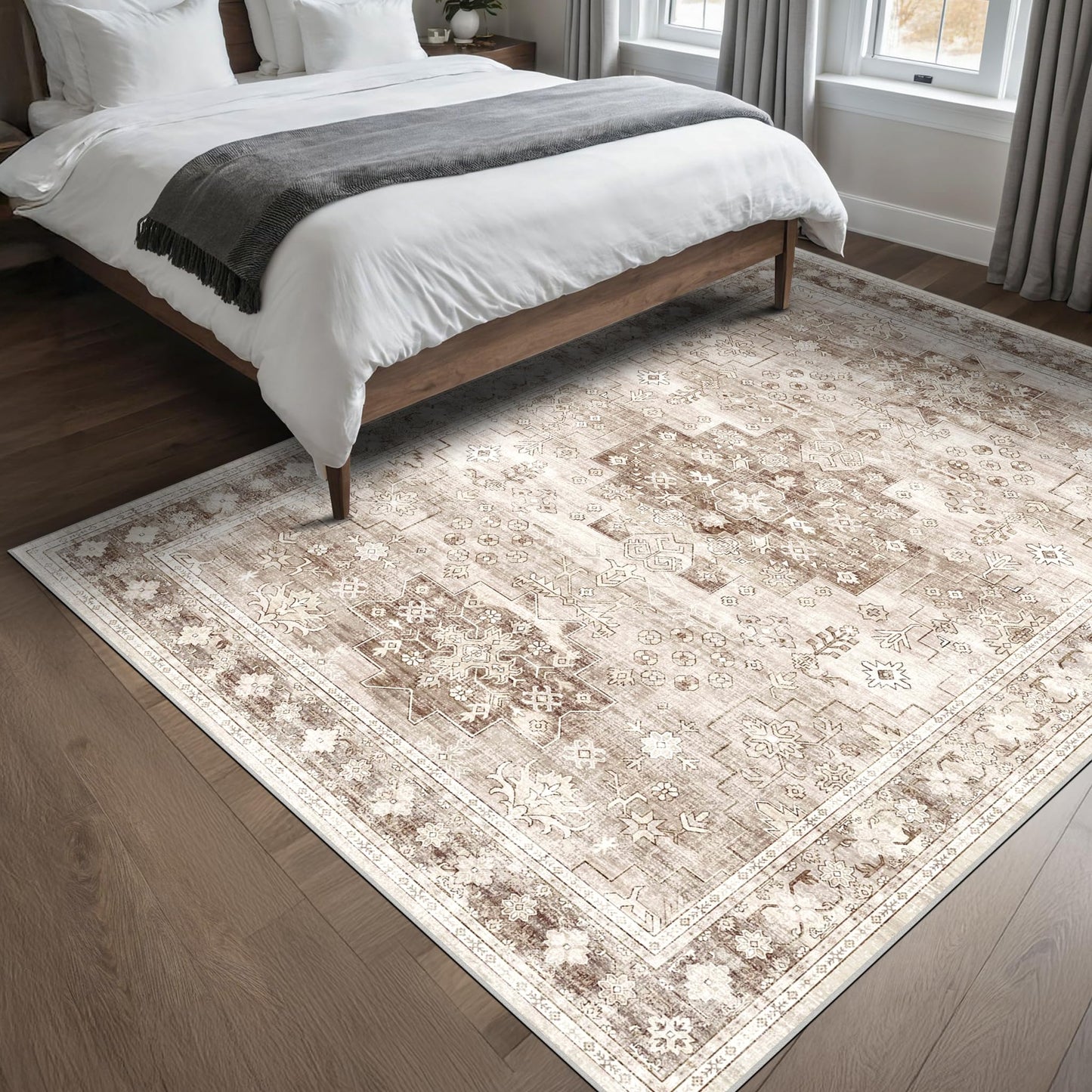 Hazo Haus Washable Neutral Farmhouse Living Room Rug, 5x7 Area Rugs for Bedroom, Nursery Room, Boho Vintage Floral Non-Slip Rug Low Pile Stain Resistant (5x7 Beige/Latte)