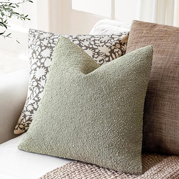 Foindtower Decorative Textured Boucle Throw Pillow Covers Accent Solid Pillow Cases Neutral Soft Cozy Couch Cushion Case for Chair Sofa Bedroom Living Room Home Decor 24x24 Inch,1PC,Dirty Sage Green