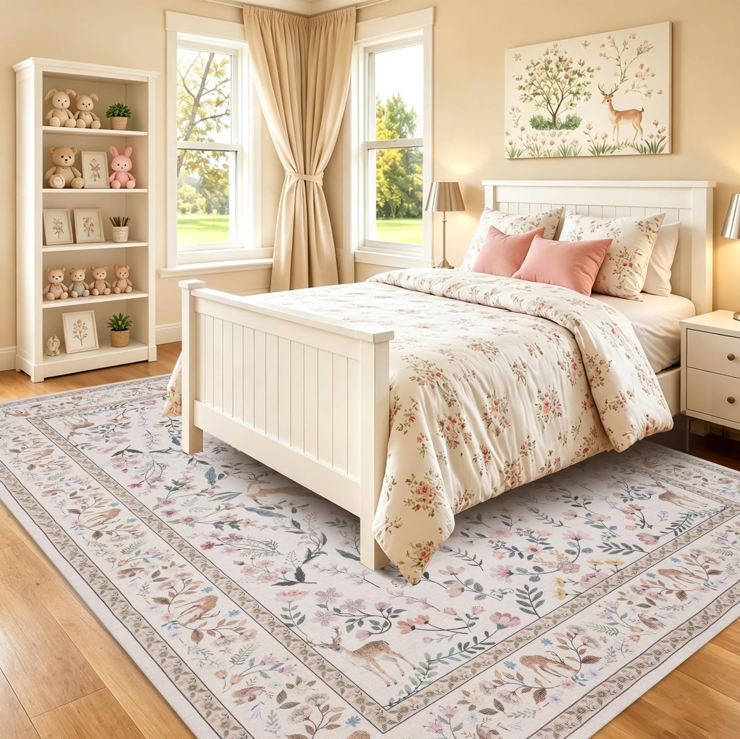 RCTJHOME 5x7 Beige Floral Nursery Kids Washable Area Rug Non-Slip Carpet