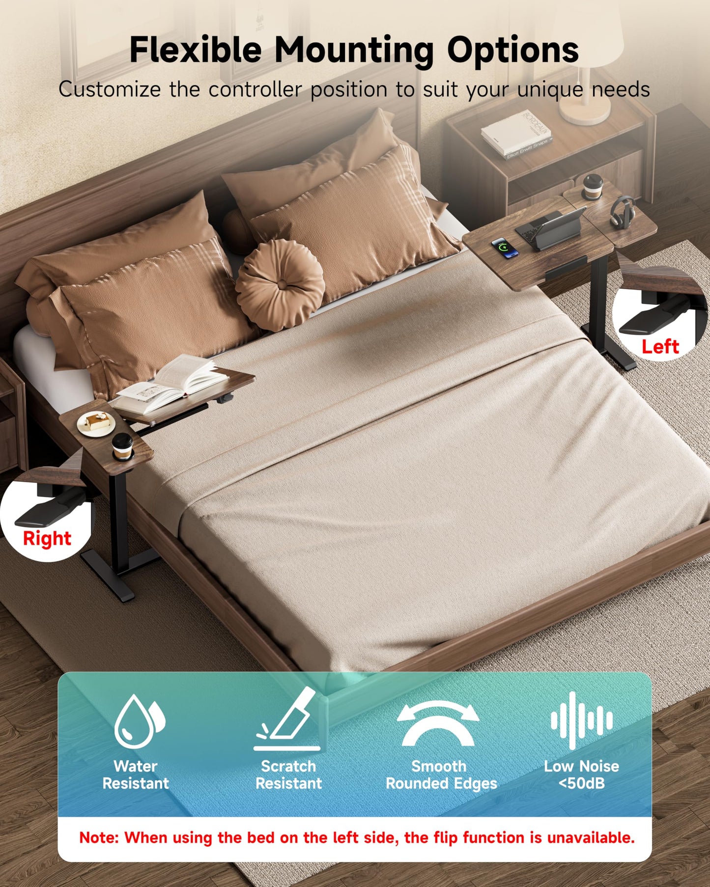 BZIUM Overbed Bedside Table with Hidden Wheels, Adjustable Medical Tilt Top Hospital Bed Table Over The Bed, Rolling Desk Mobile Standing Desk (27.6x15.8, Walnut)