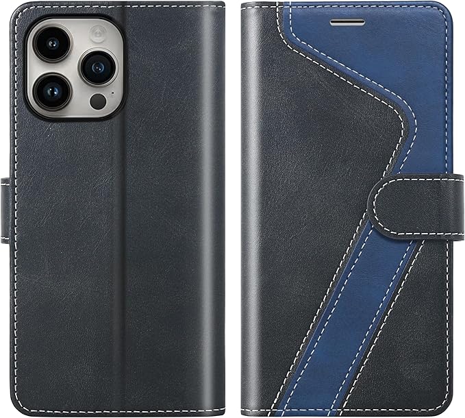 CIVICASE for iPhone 15 Pro Wallet Case,Leather Flip Case RFID Blocking Credit Card Holder Folio Magnetic Stand TPU Shockproof Cover Compatible with iPhone 15 Pro Black Blue