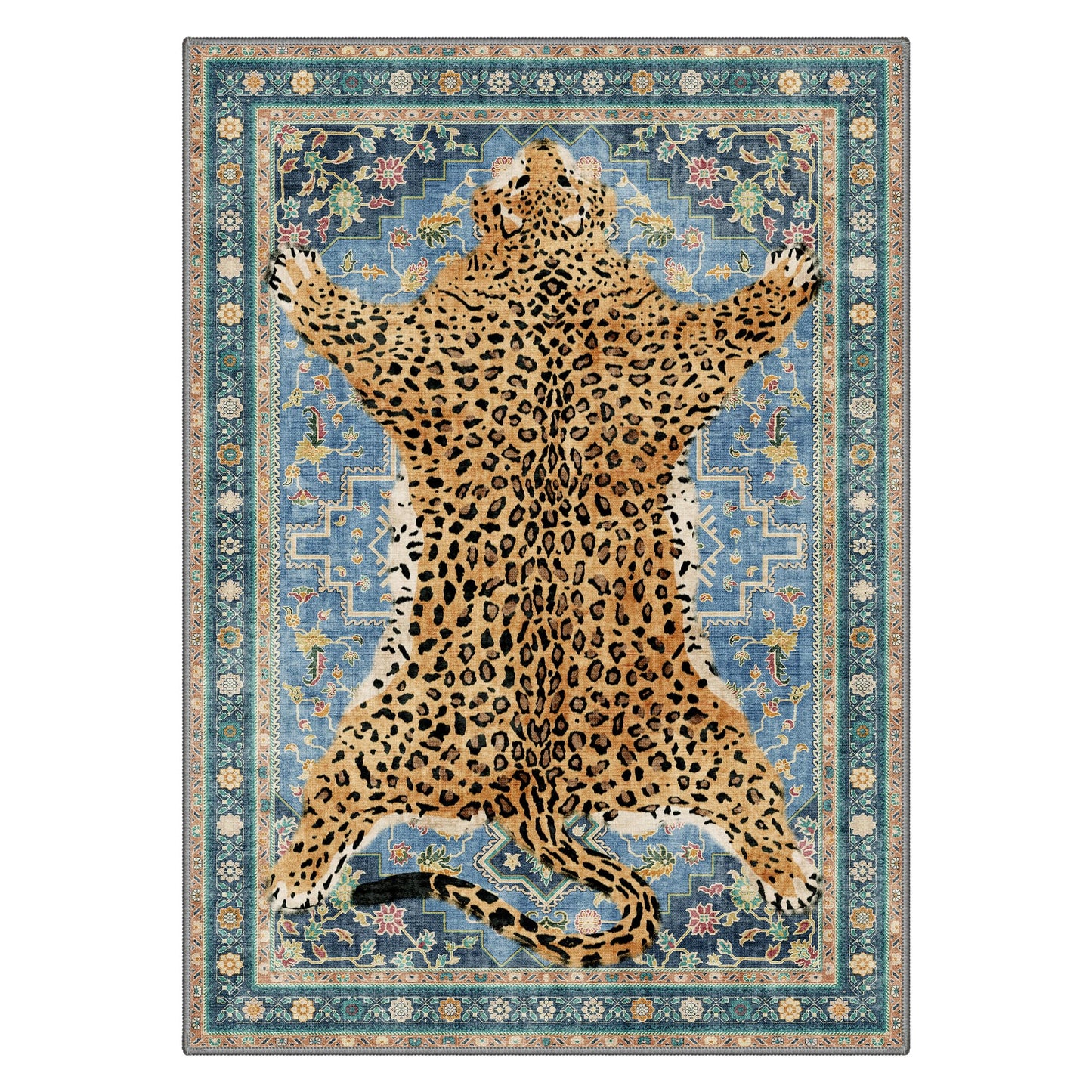 Bavni 5x7 Leopard Rug, Machine Washable Cheetah Animal Print Low Pile Boho Woodland Jungle Carpet, Non-Slip Non-Shedding Pet Friendly Rug for Living Room Playroom Bedroom Entryway, Blue