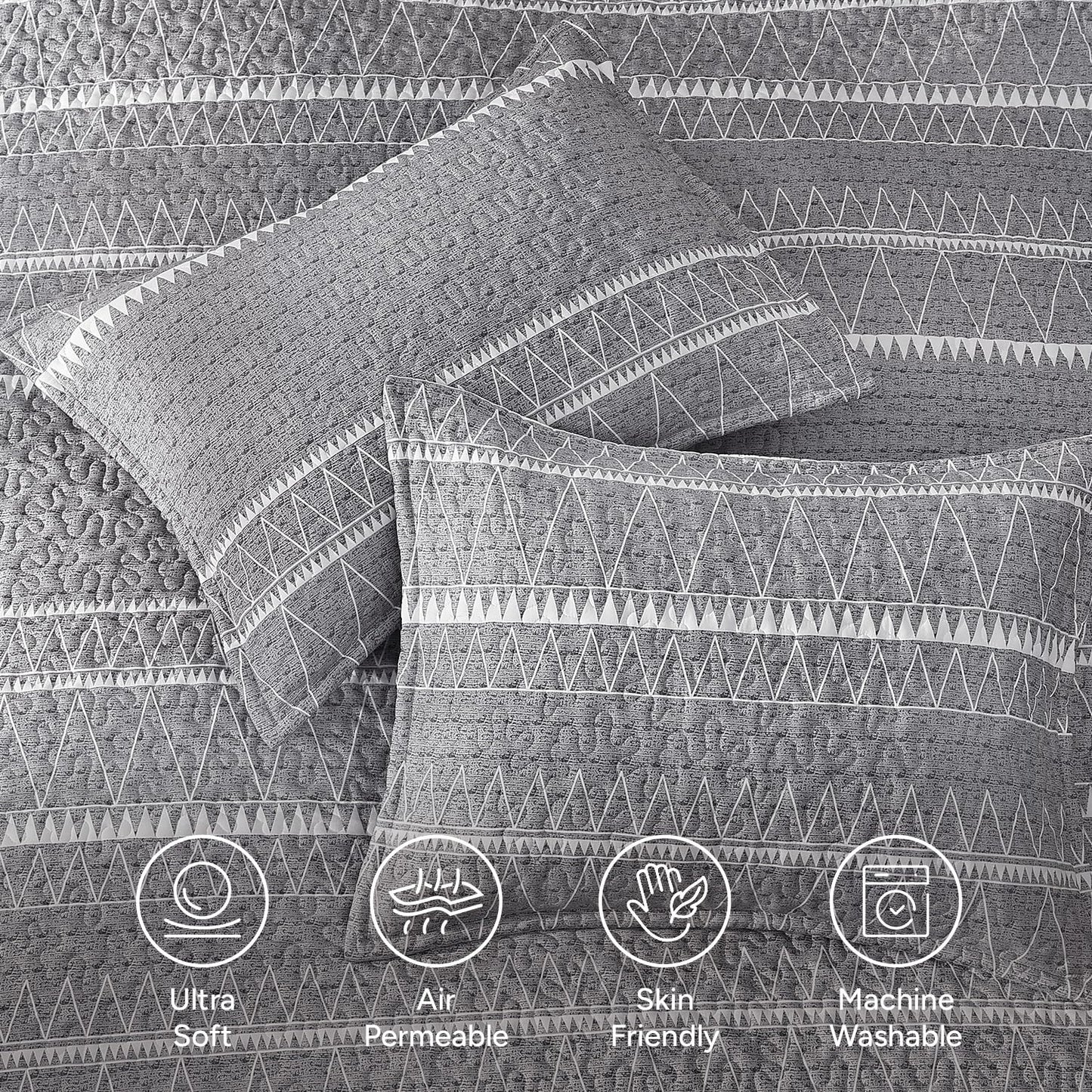 Andency Quilts Queen Size Grey, 3 Pieces Queen Quilt Bedding Set Boho Lightweight Soft Striped Bedspread for All Season (90"x96"), Gray Printed Bohemian Polyester Reversible Coverlet Comoforter Sets