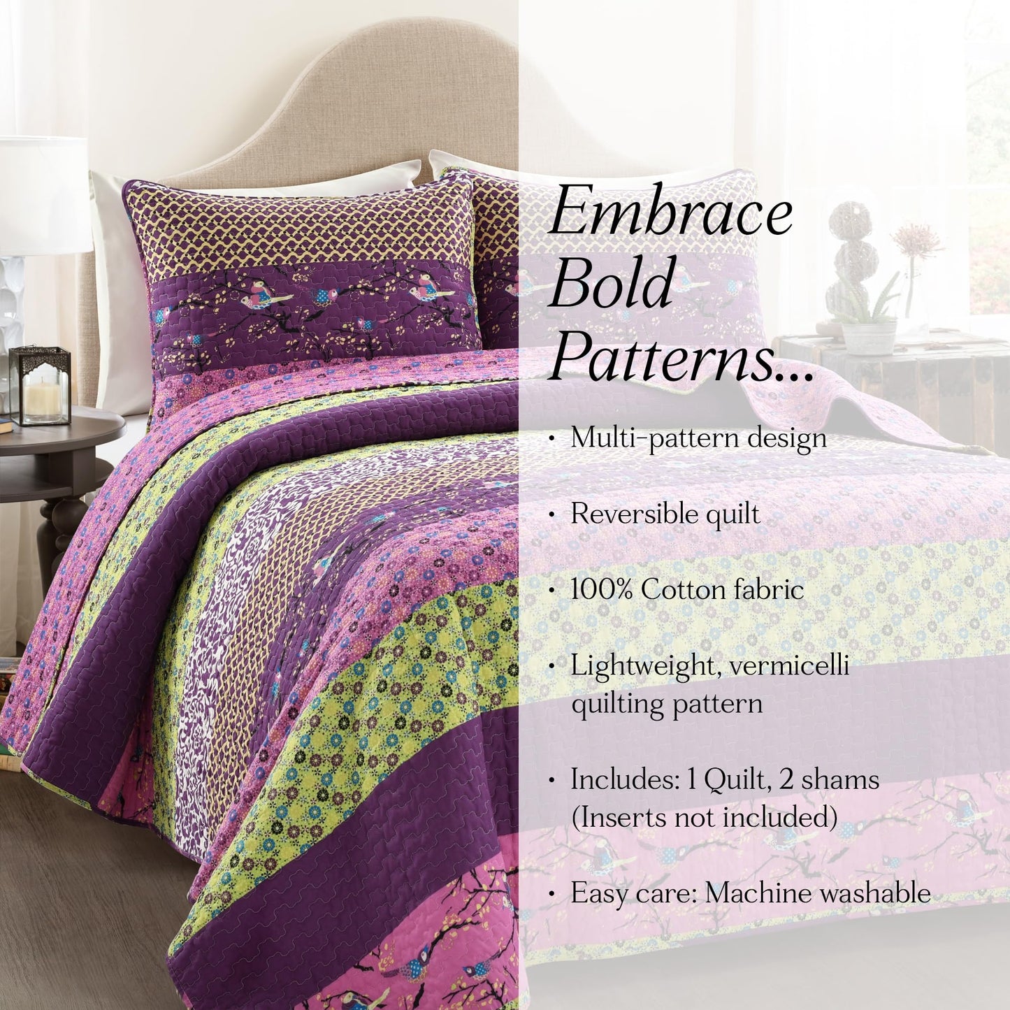 Lush Decor Royal Empire Reversible Cotton Quilt Set, 3 Piece Set Full/ Queen, Plum - Striped Bedding Set - Floral Quilt Queen Size - Purple Bedding - Boho Decor