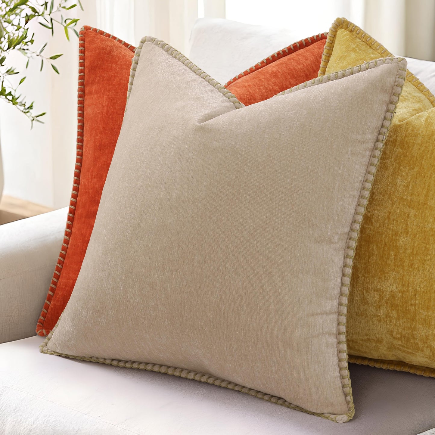 decorUhome Summer Chenille Soft Cozy Throw Pillow Covers 18x18 Set of 2, Modern Farmhouse Boho Velvet Decorative Pillow Cases with Stitched Edge for Couch Sofa Bed Home Decor, Beige