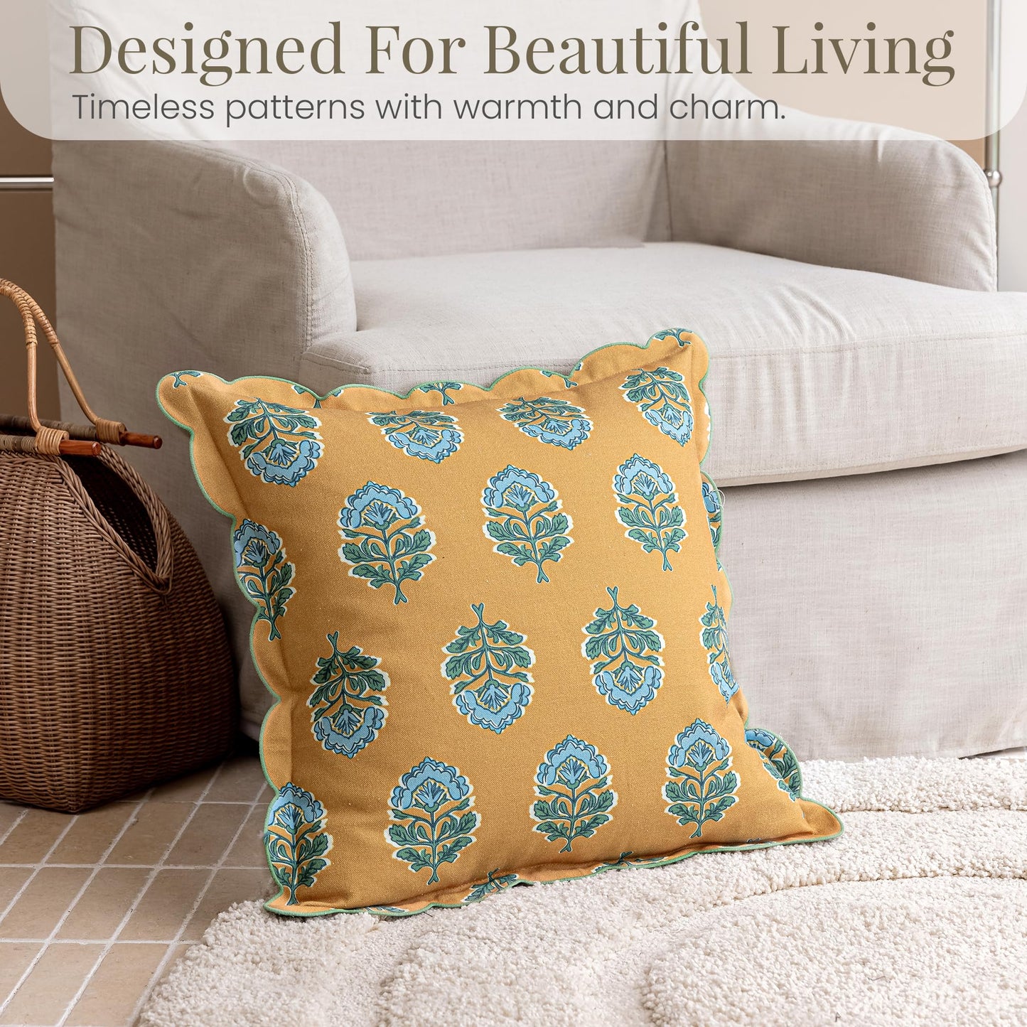 DrapePalette - Scalloped Throw Pillow Covers with Block Print Floral Patterns and Hidden Zipper - Gold Bloom, 20 x 20 Inches Pack of 1 - Soft Indoor Pillow Case for Livingroom, Bedroom, or Lounge
