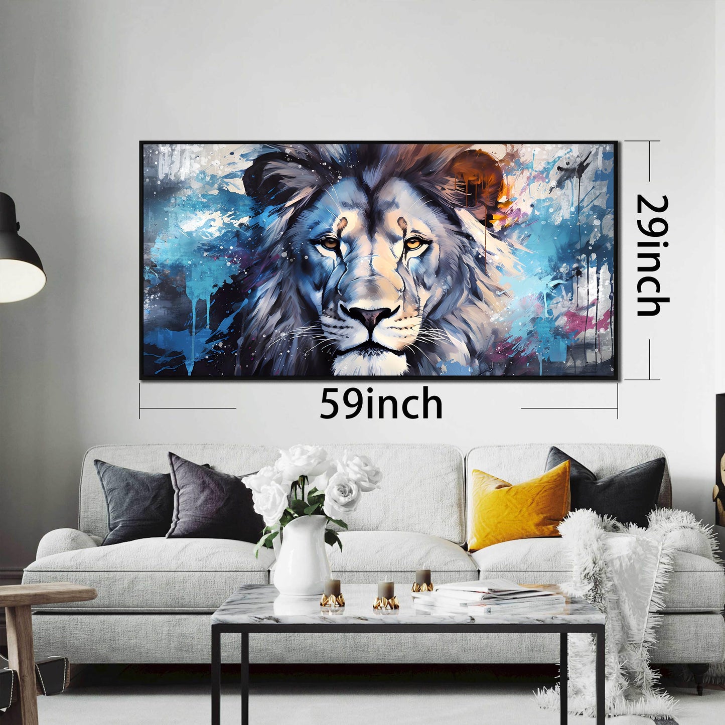 Lion Wall Art for Living Room, Animal Canvas Wall-Decor for Bedroom, Blue Picture Print, Large Size 59x29 Inches Framed