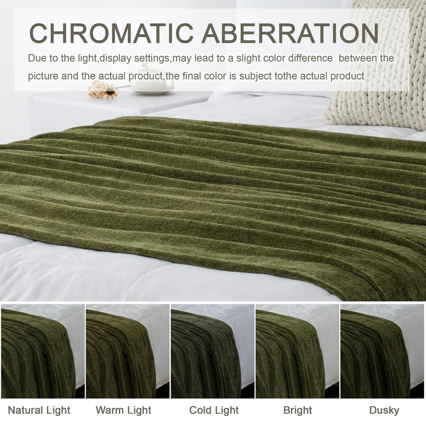 LONG CREATE Chenille Throw Blanket for Couch 50"X 60", Soft Cozy Throws with Fringe Tassel for Bed Sofa Chair Cover, Lightweight Knitted Decorative Boho Blankets for Living Room, Olive Green