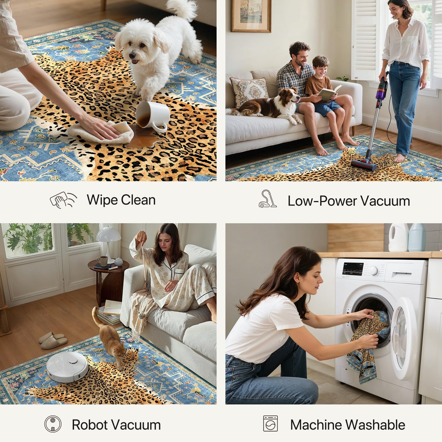 Bavni 5x7 Leopard Rug, Machine Washable Cheetah Animal Print Low Pile Boho Woodland Jungle Carpet, Non-Slip Non-Shedding Pet Friendly Rug for Living Room Playroom Bedroom Entryway, Blue