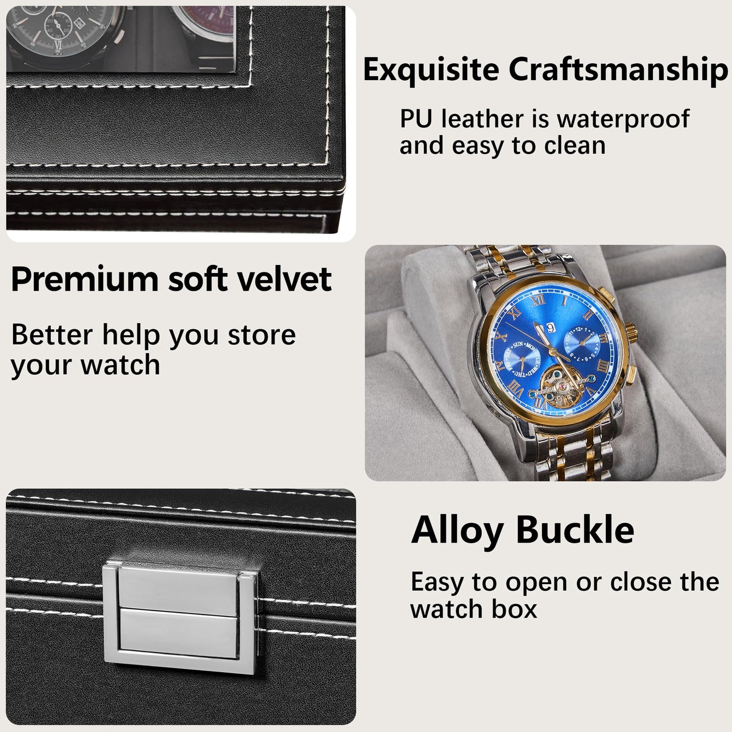 BEWISHOME Watch Case, 20-Slot Watch Box Organizer for Men Watch Case with Large Glass Lid Watch Travel Case Removable Watch Pillows, Mens Jewelry Box Watch Display Case, Watch Storage, Black SSH04B