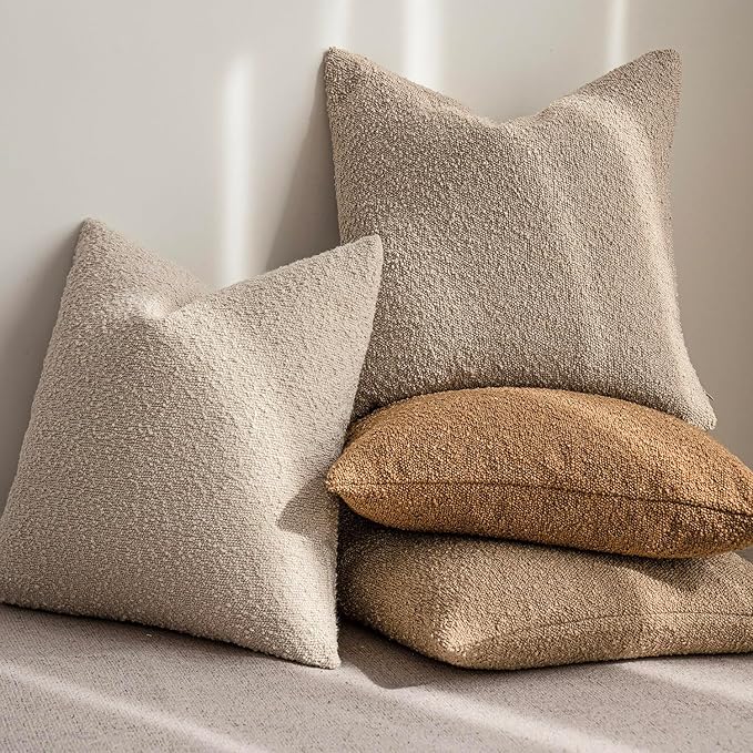 Foindtower Decorative Textured Boucle Throw Pillow Covers Accent Solid Pillow Cases Neutral Soft Cozy Couch Cushion Case for Chair Sofa Bedroom Living Room Home Decor 26 x 26 Inch,Tobacco