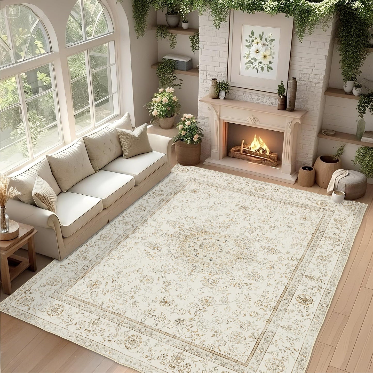 Farmhouse Washable Rug for Living Room: Boho 5x7 Area Rugs for Bedroom Soft Non Slip - Thin Stain Resistant Carpet for Dining Room Indoor - Cream Beige