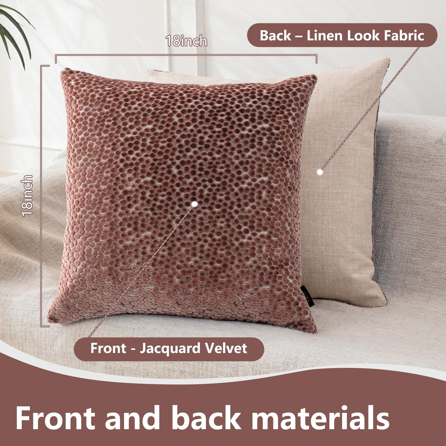 FIFU 18x18 Inch Throw Pillow Cover Set of 2 - Jacquard Velvet Cut-Pile with Linen-Look Back, Invisible Zipper, Soft Decorative Cushion Case for Couch Sofa Bedroom Living Room, Machine Washable, Pink