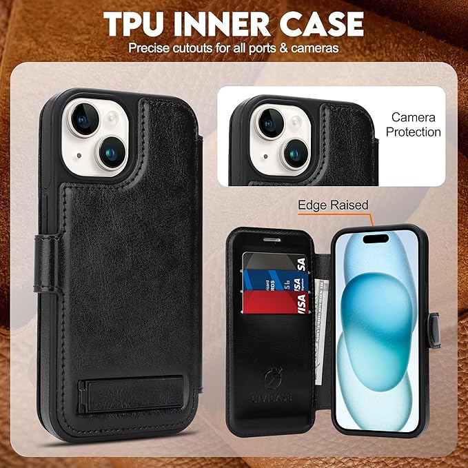 CIVICASE for iPhone 15 Wallet Case with Stand,PU Leather Flip Credit Card Holder Slots (RFID Blocking),Compatible with Magsafe Magnetic Holder Phone Cover Women Men, Black