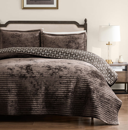 WDCOZY Brown Velvet Queen Size Quilt Set - Striped Soft Lightweight Bedspread, Neutral Channel Farmhouse Country Rustic Coverlet, Modern Bedding Warm Thin Comforter