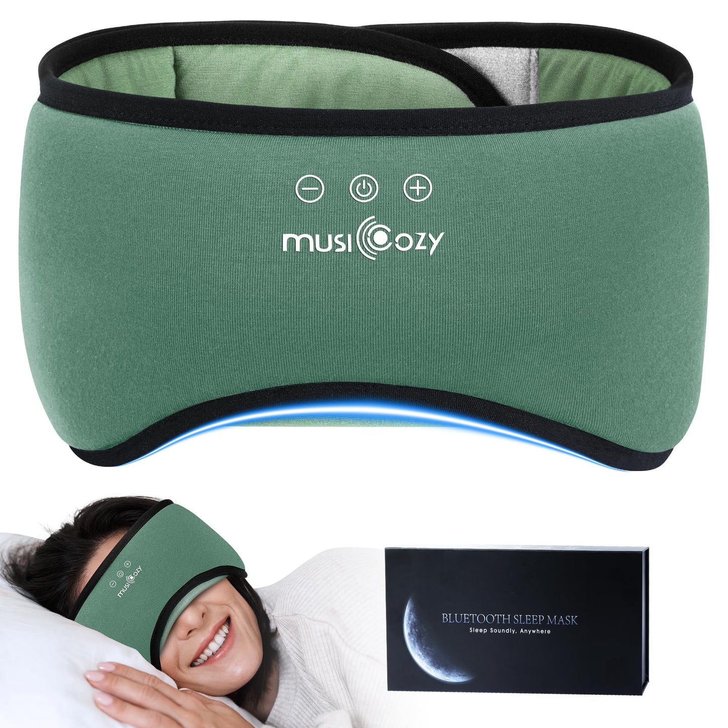 MUSICOZY Sleep Mask with Bluetooth Headphones, Bamboo Cotton Extended Sleep Headphones for Side Sleepers, Bluetooth Eye Mask for Sleeping, Wireless Earphones with HD Stereo Speakers (Dark Green)