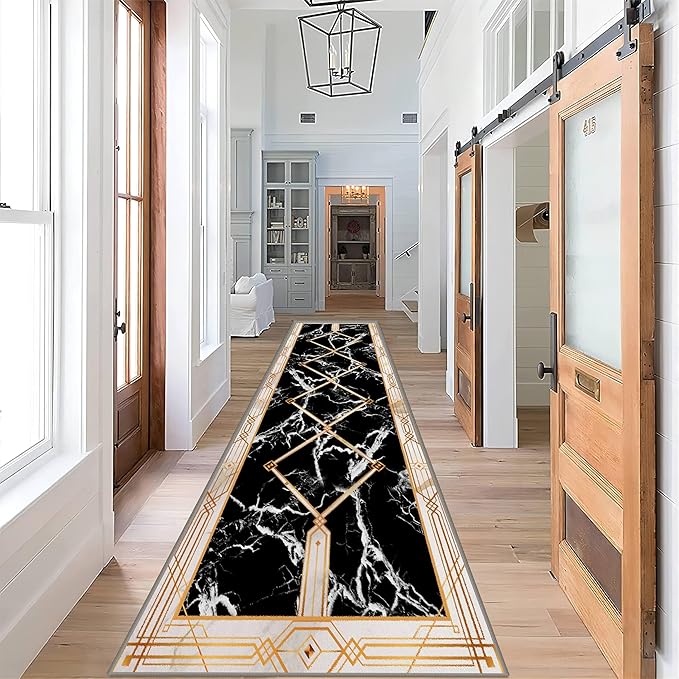 Abstract Marble Texture Throw Carpet Runner for Entrance, 2x7ft, Luxury Gold Geometric Line Bedroom Rug, Dirty Resistant Absorbent Bathroom Decor Washable Area Carpet for Office