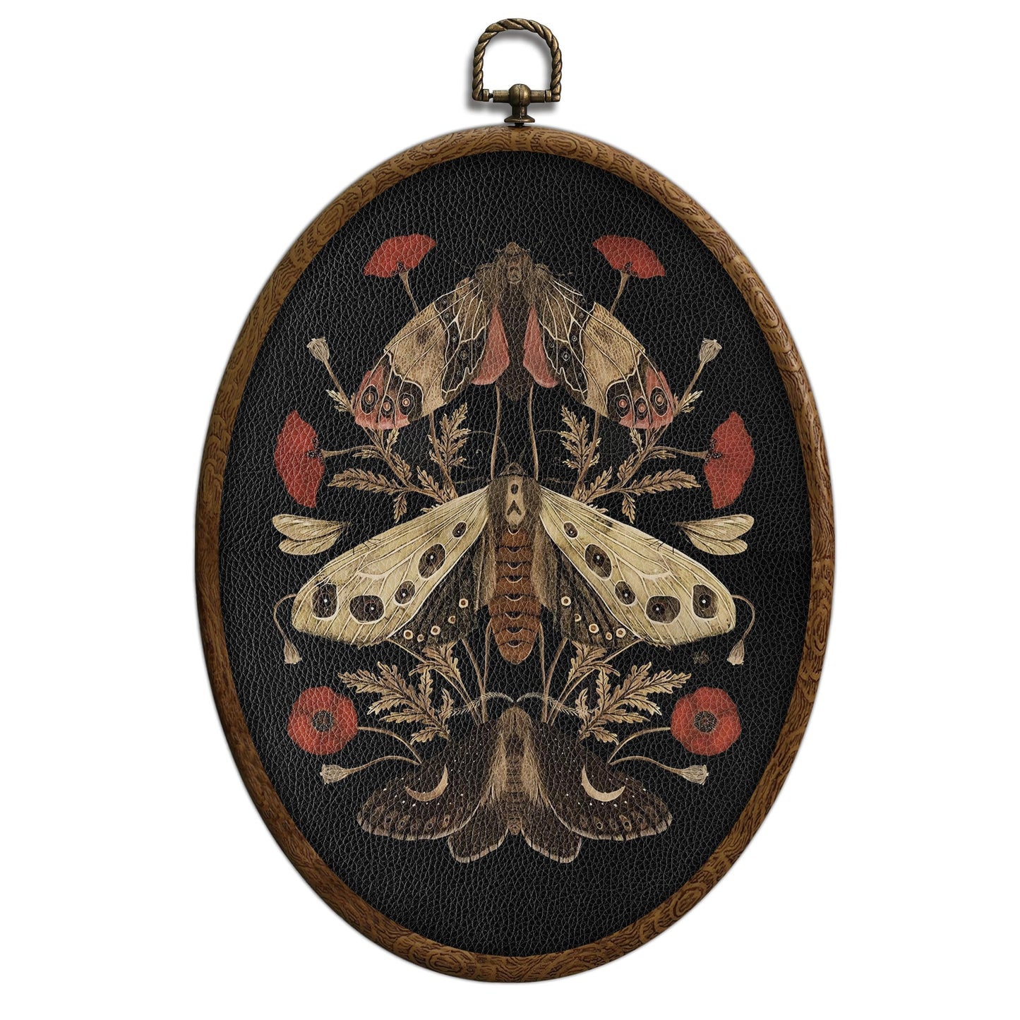 Moths and Poppy Flower Wall Decor, Boho Printed Canvas Oval Wall Hanging for Bedroom Kitchen Home Office, Oval Door Decoration, Bedroom Decor, Living Room Art, Hanging Decoration Art with Hooks,1