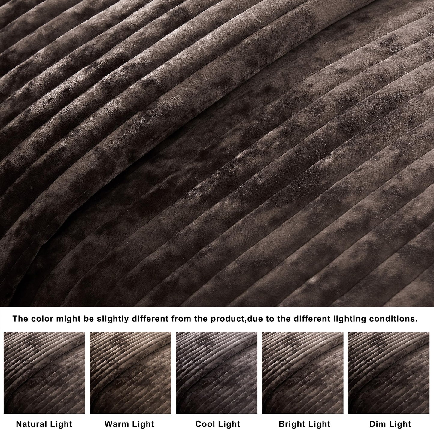 WDCOZY Brown Velvet Queen Size Quilt Set - Striped Soft Lightweight Bedspread, Neutral Channel Farmhouse Country Rustic Coverlet, Modern Bedding Warm Thin Comforter