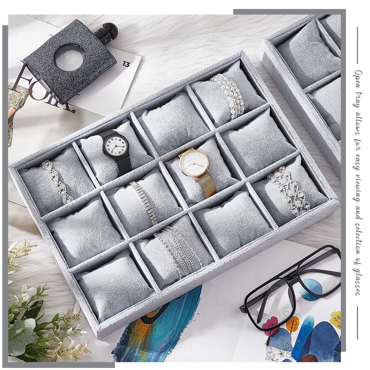 Henoyso 2 Pieces 12 Grid Velvet Watch Tray Jewelry Organizer Stackable Watch Bracelet Bangle Display Holder Adjustable Pillow (Gray)