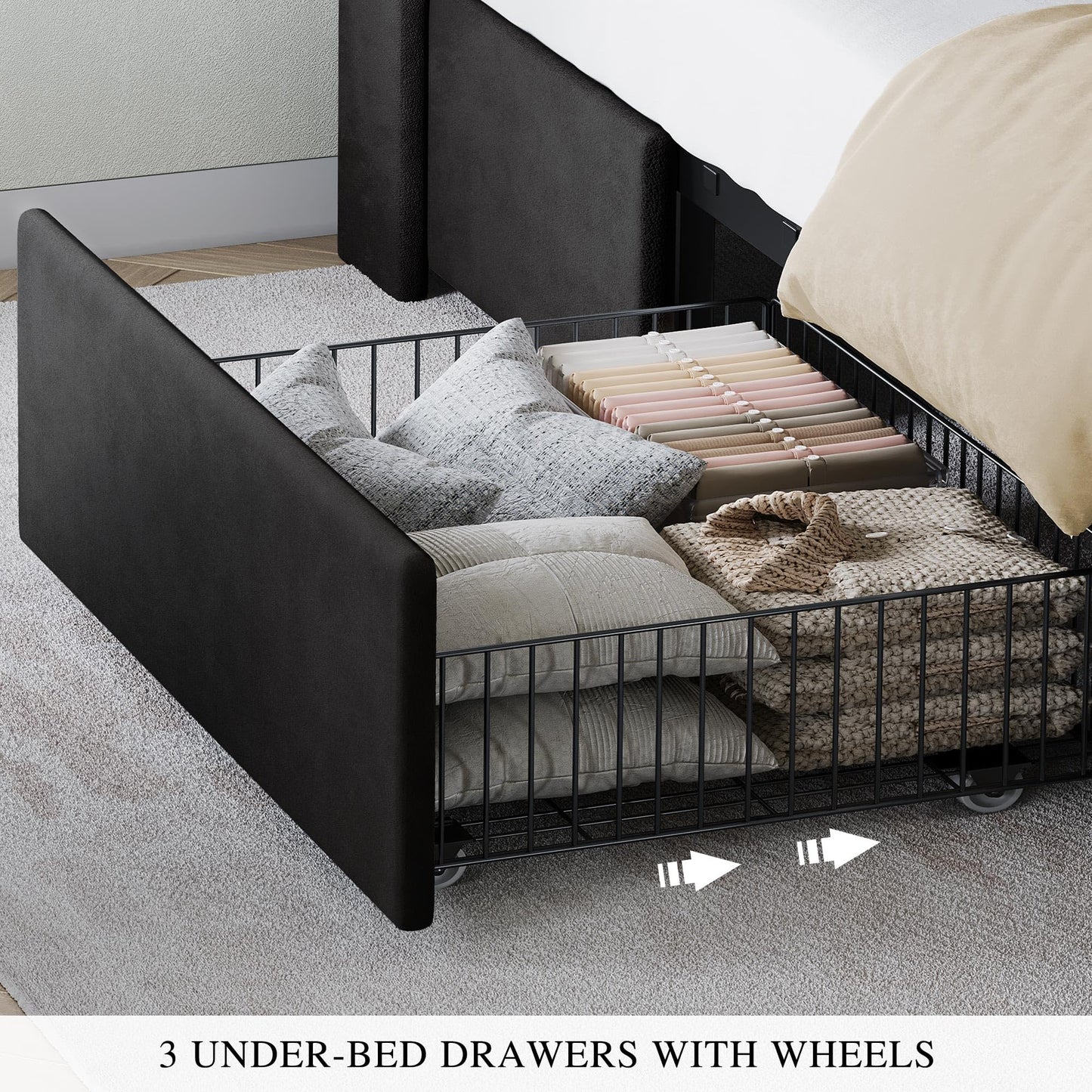 YITAHOME King Size Bed Frame with 3 Storage Drawers and RGB LED Lights, Velvet Upholstered Bed with Charging Station and Storage Headboard, No Box Spring Needed, Easy Assembly, Noise-Free, Black