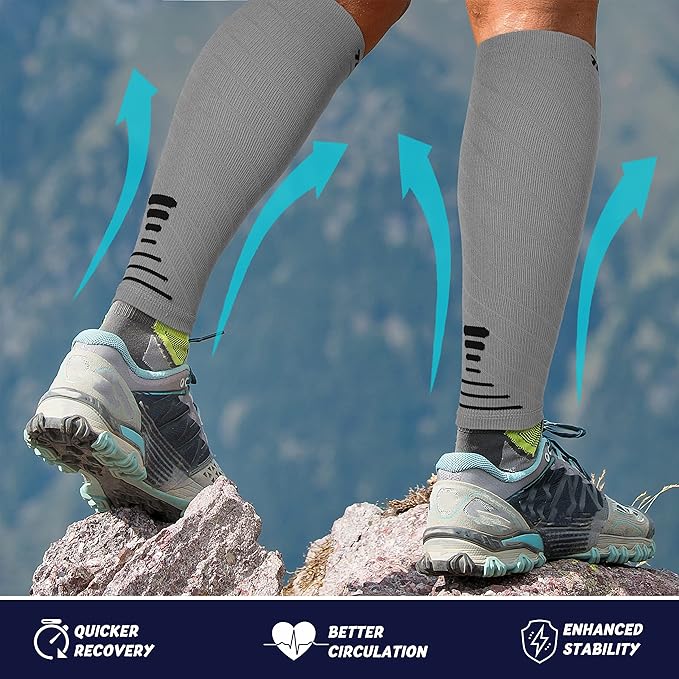 Thoxcare Calf Compression Sleeve for Men Women (1 Pair), Leg Support Footless Compression Socks for Running - Shin Splint Varicose Veins Swelling & Pain Relief, Gray/Black, Large