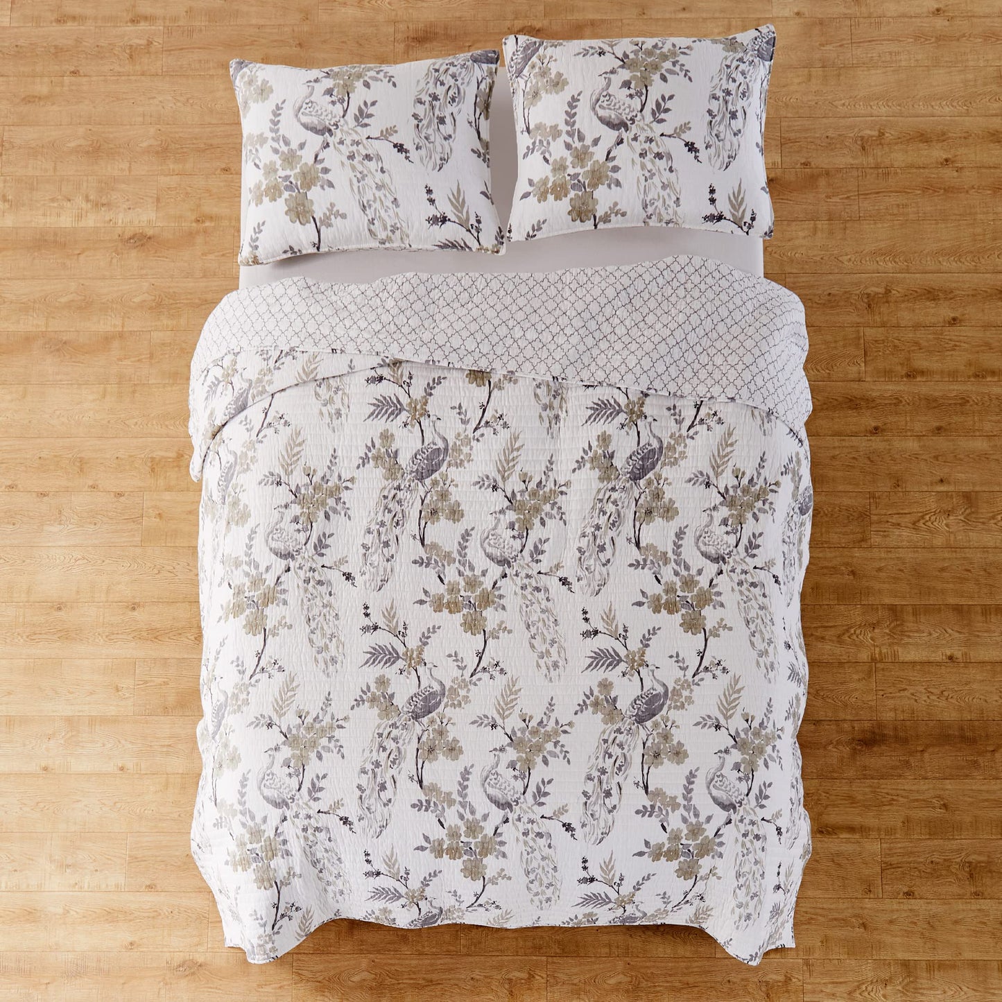 Levtex Home Pisa Reversible King/Cal King Quilt Set (106x92in) with 2 Pillow Shams (36x20in) - Floral Peacock - Grey, Taupe - 100% Cotton King Size Quilt Bedding Set - Lightweight, Soft, Pre-Washed
