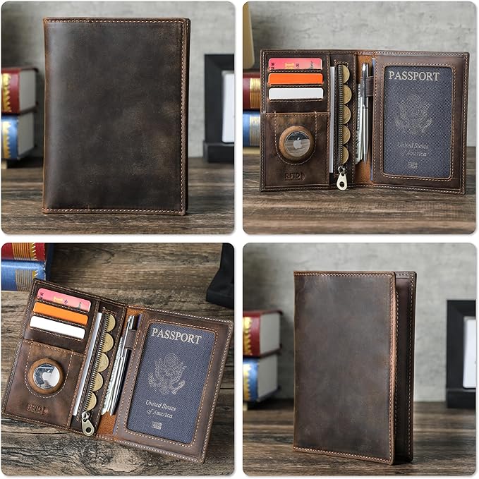 Top Grain Leather Single Travel Passport Wallet Embossing Badge for Unisex, Folio Design for Passport & Multi Cards, RFID Blocking for Passport/Cards/Checks/Bills/AirTag, Coffee Default, JP