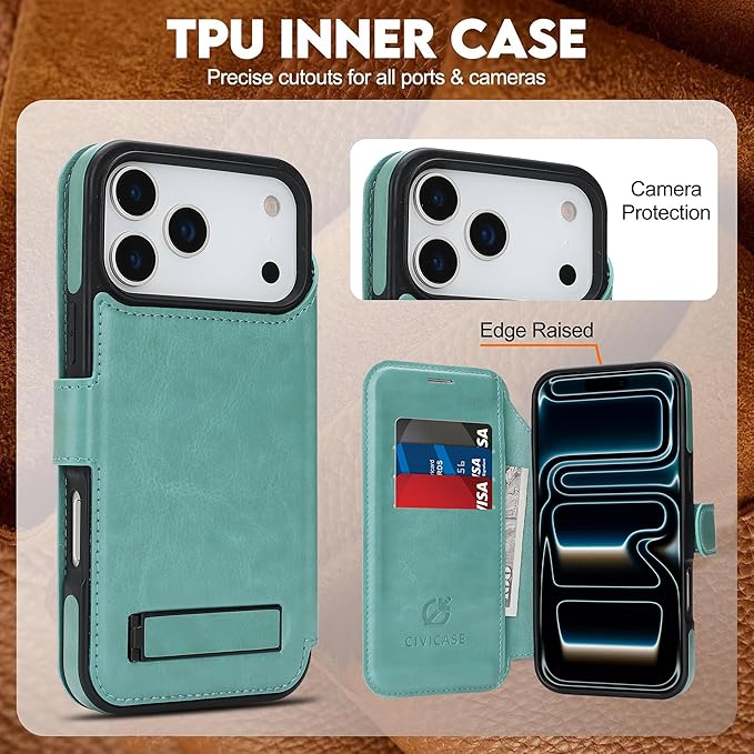 CIVICASE for iPhone 17 Pro Wallet Case with Stand,PU Leather Flip Credit Card Holder Slots (RFID Blocking),Compatible with Magsafe Magnetic Holder Phone Cover Women Men,Green