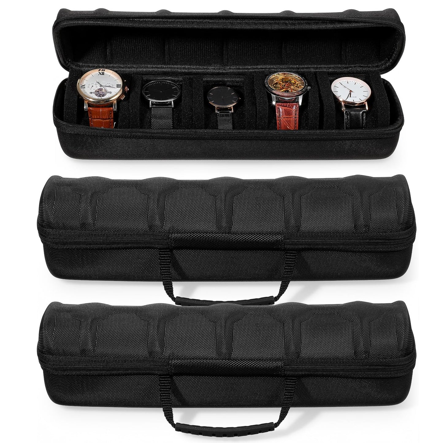 Ubamdom 2 Pcs 5 slots Hard men's watch travel case, Portable zipper storage organizer box with soft compressible foam pillow to fit large and small watchesBlack