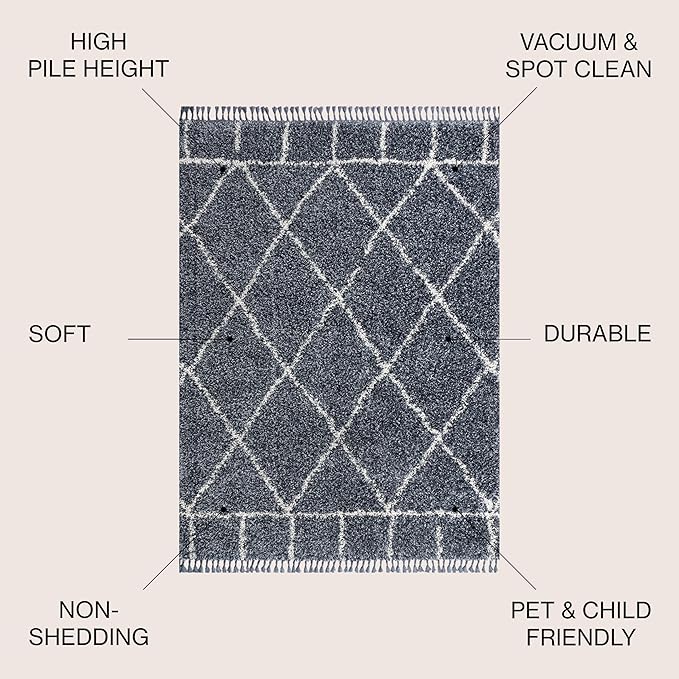 JONATHAN Y Mercer Shag Plush Tassel Blue/Cream Indoor Area Rug, 5x8, Moroccan Geometric Trellis, Easy-Cleaning for Living Room, Bedroom, Kitchen, Pet Friendly, Non-Shedding (MCR101A-5)