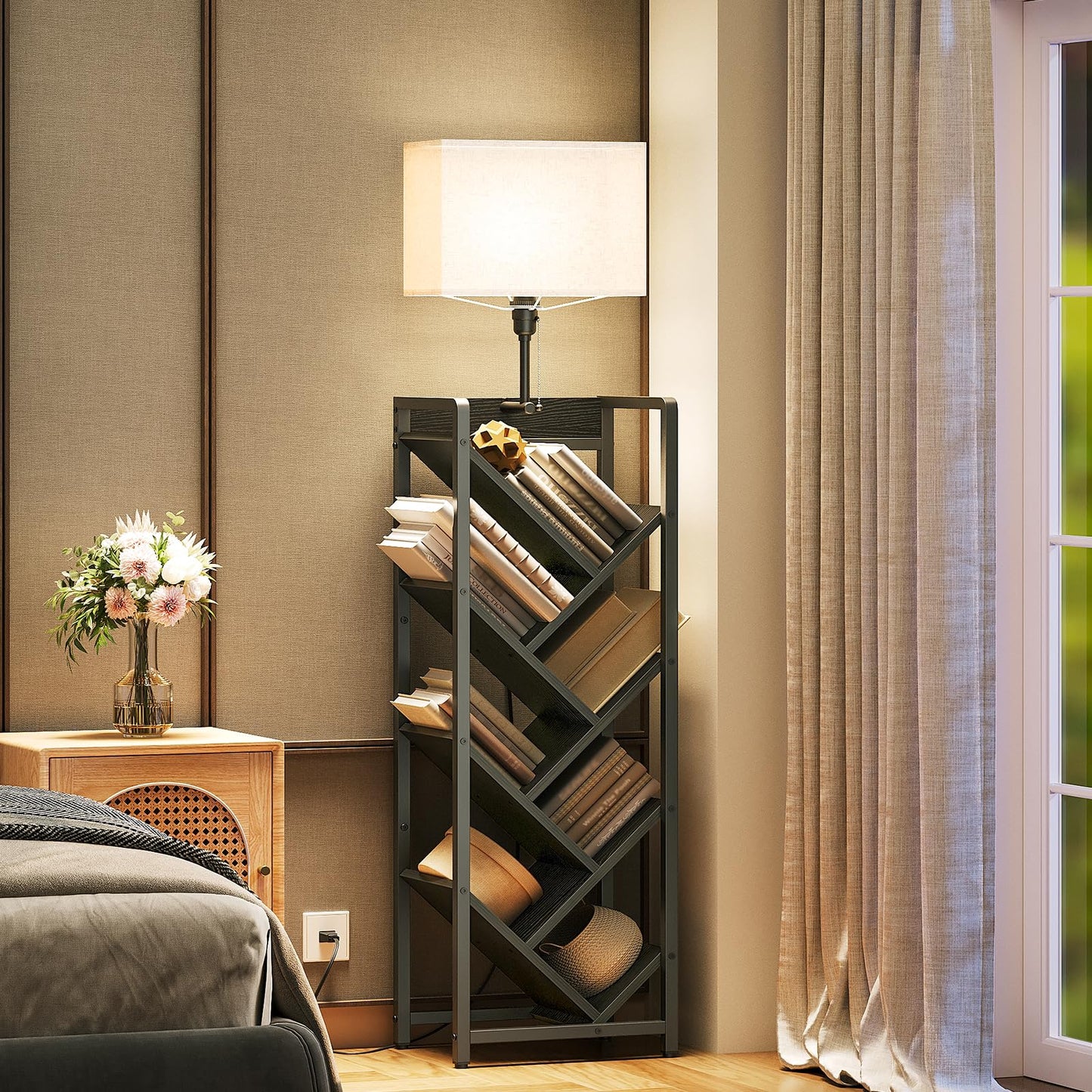 YATINEY Tree Bookshelf with Light, 6-Tier Book Shelf, Wooden Bookcase for Narrow Space, Floor Standing Tall Bookshelf, Modern Corner Display Shelf, Black SJ08DBB