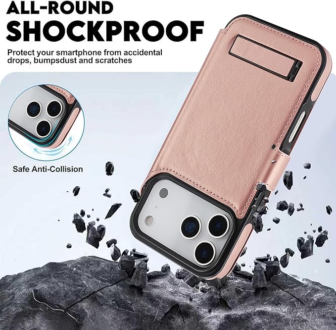 CIVICASE for iPhone 17 Pro Wallet Case with Stand,PU Leather Flip Credit Card Holder Slots (RFID Blocking),Compatible with Magsafe Magnetic Holder Phone Cover Women Men,Rose Gold