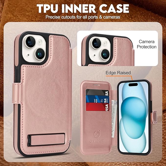 CIVICASE for iPhone 15 Wallet Case with Stand,PU Leather Flip Credit Card Holder Slots (RFID Blocking),Compatible with Magsafe Magnetic Holder Phone Cover Women Men, Rose Gold