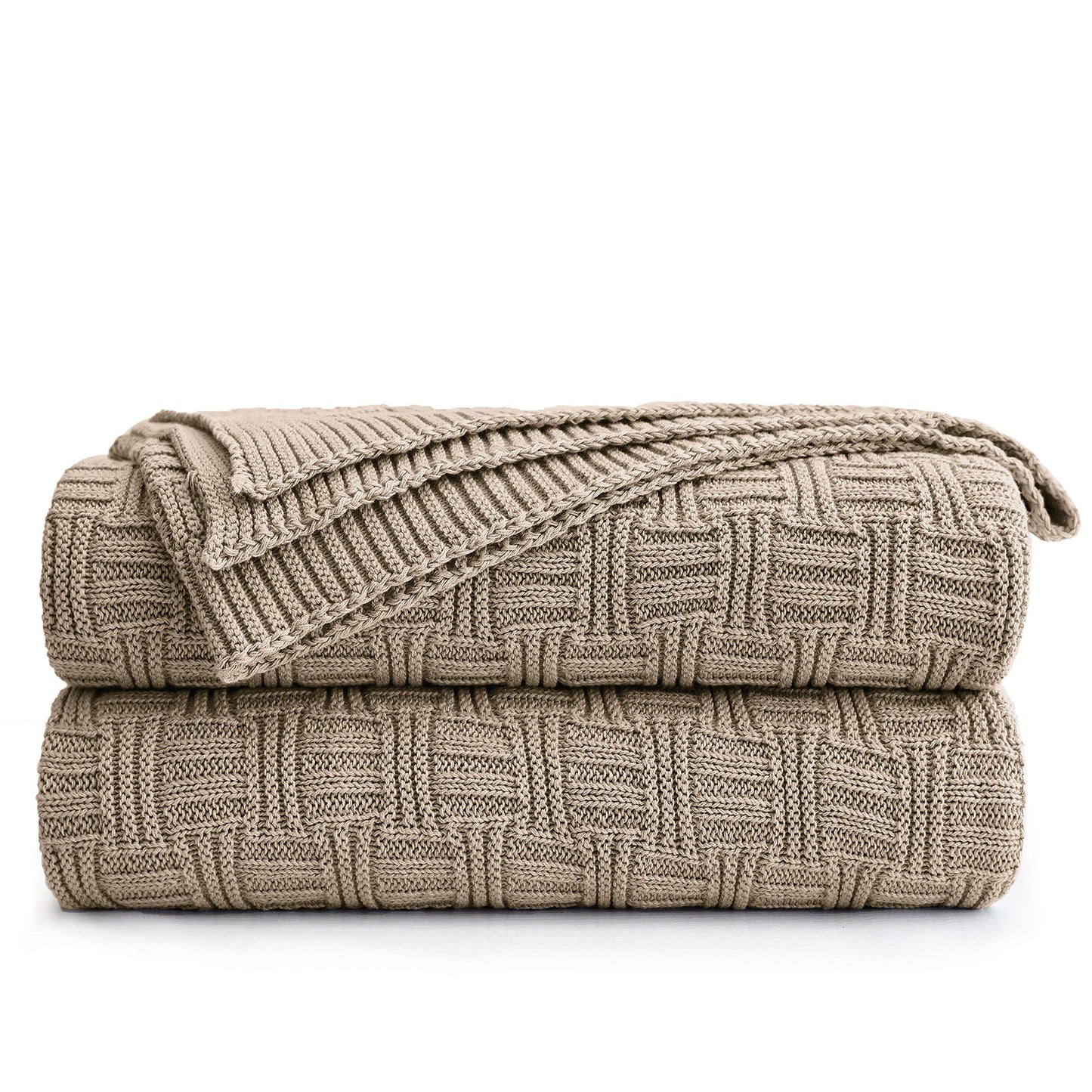 Longhui bedding Cotton Khaki Cable Knit Throw Blanket for Couch Sofa Bed with Bonus Laundering Bag – Large 60 x 80 Thick, 3.4 LB, Machine Washable, Comfortable Home Décor