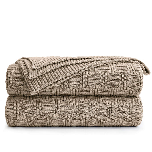 Longhui bedding Cotton Khaki Cable Knit Throw Blanket for Couch Sofa Bed with Bonus Laundering Bag – Large 60 x 80 Thick, 3.4 LB, Machine Washable, Comfortable Home Décor