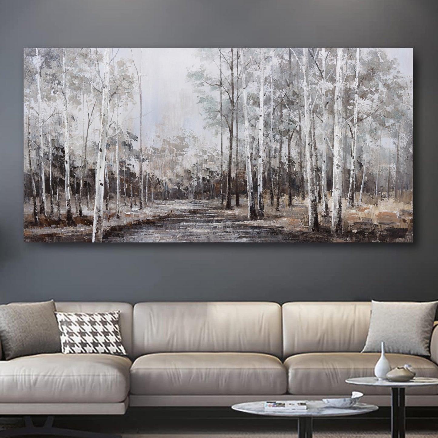 White Birch Tree Wall Art Grey Forest Painting Abstract Canvas Art Landscape Panoramic Picture Nature Artwork Framed for Living Room Bedroom Dinning Room Home Office Wall Decor 40"x20"
